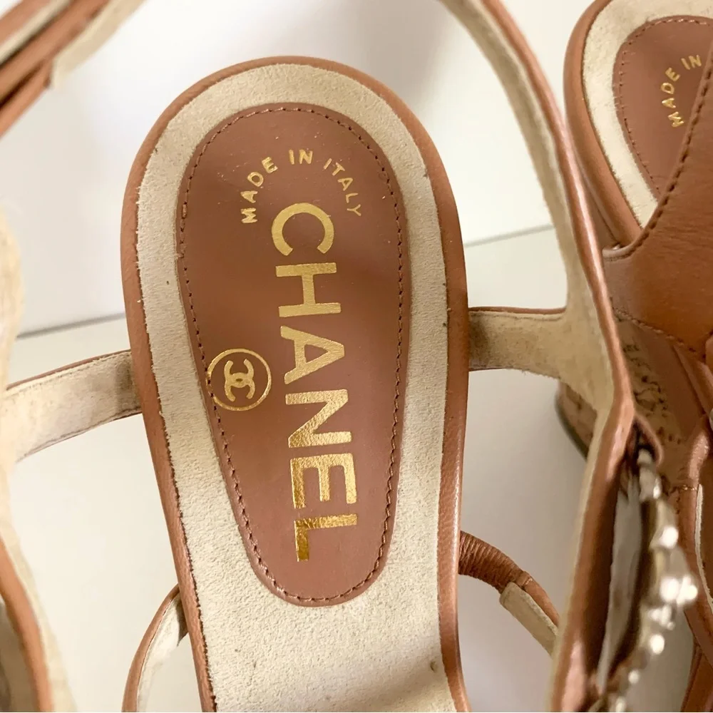 Chanel cc logo camellia charm sandal wedges